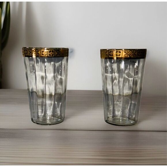 Set of 2 Glass Mini Cup / Shot Glasses w/ Gold Rim - Picture 1 of 3